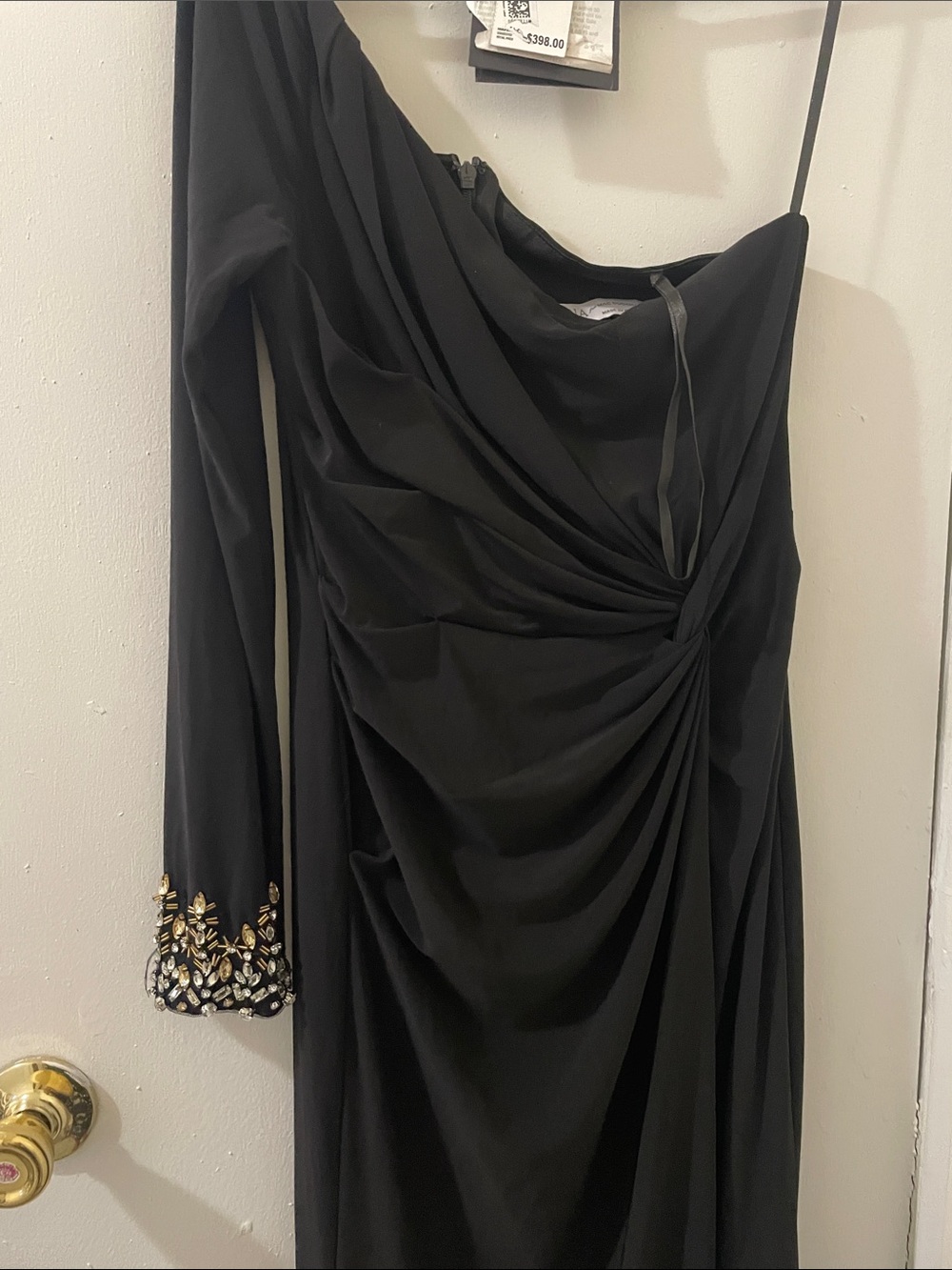 Mac Duggal Black One-Shoulder Evening Gown with Beaded Cuff